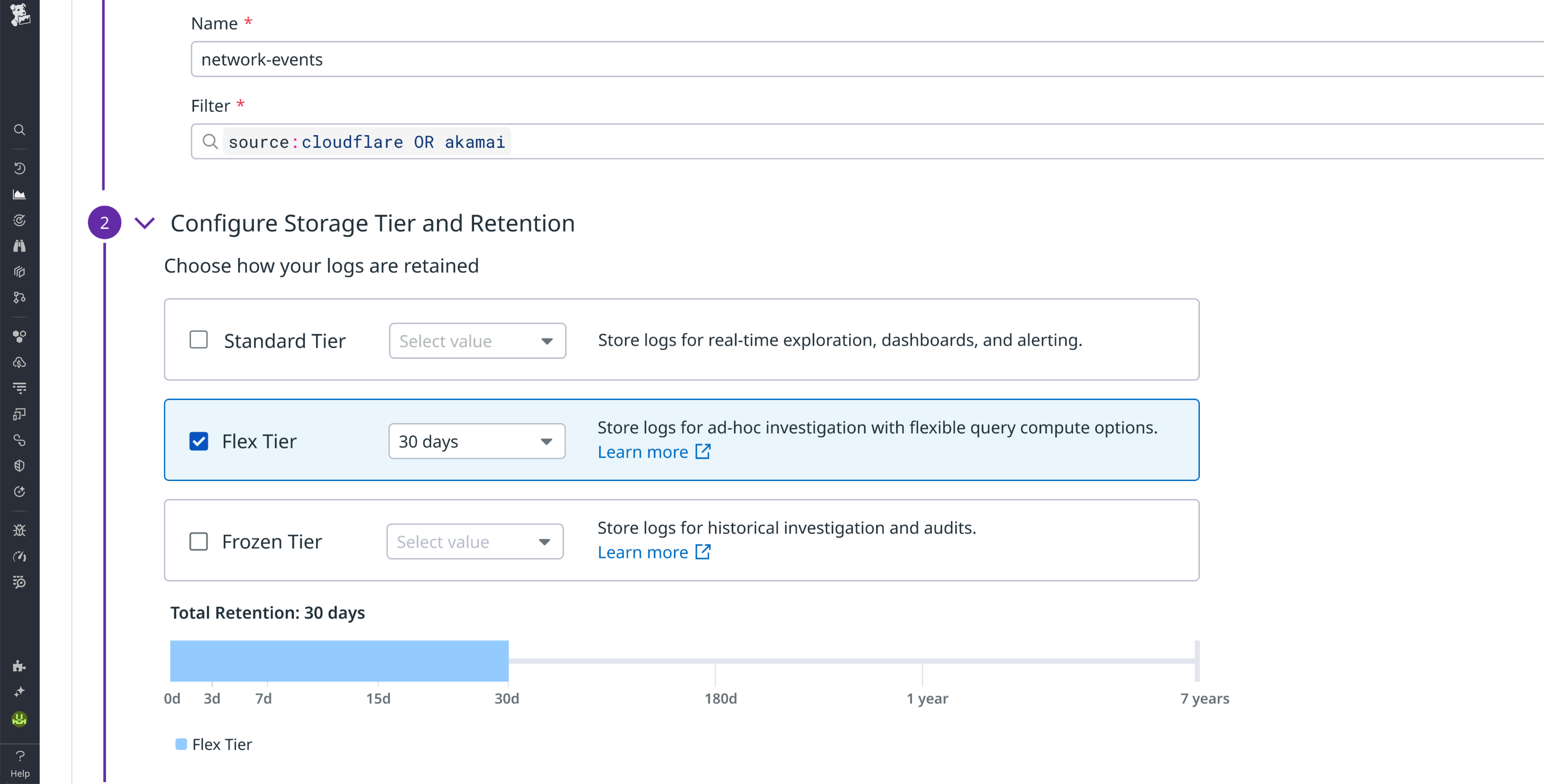 Configuring Flex Tier storage for network logs in order to control costs while ensuring rapid searchability.