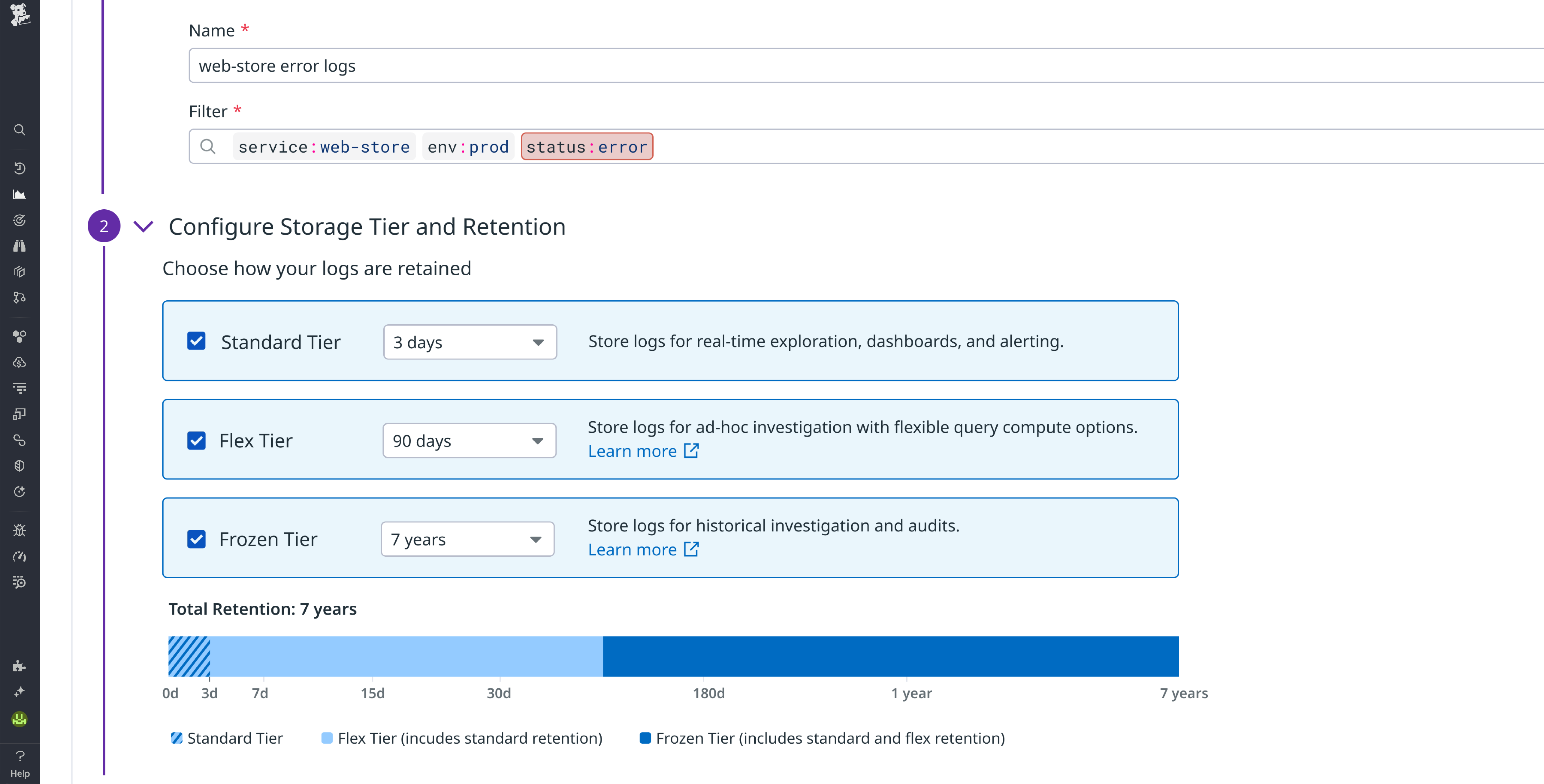 Configuring Standard, Flex, and Flex Frozen storage tiers for logs needed in the short, medium, and long term.