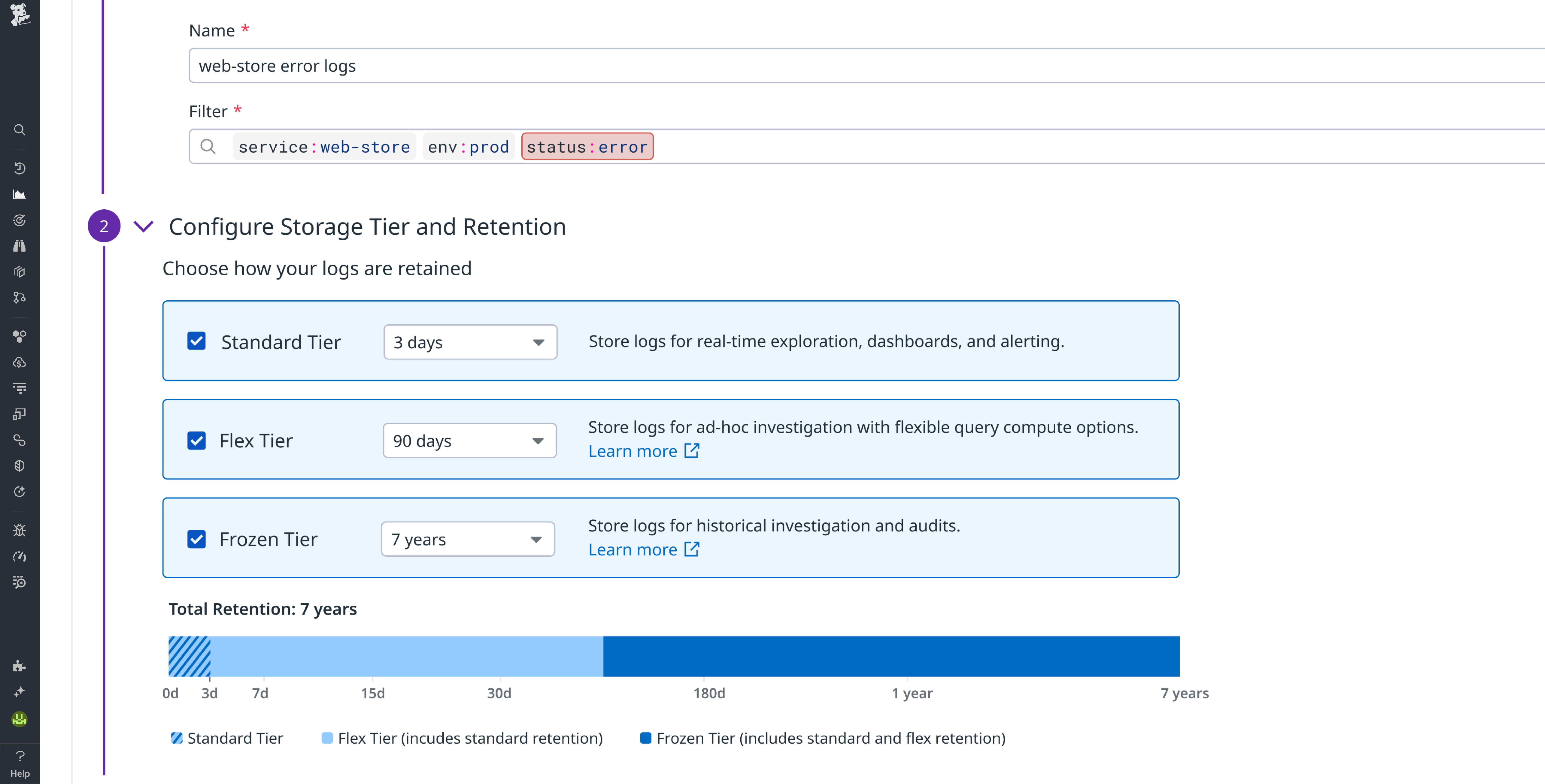 Configuring Standard, Flex, and Flex Frozen storage tiers for logs needed in the short, medium, and long term. Configuring Standard, Flex, and Flex Frozen storage tiers for logs needed in the short, medium, and long term.