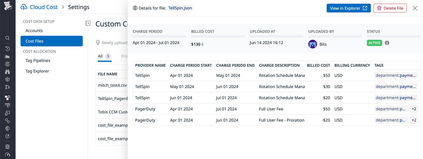 The Cloud Cost settings page shows a list of cost data files that have been uploaded, including the billing amounts, currency, and tags. The Cloud Cost settings page shows a list of cost data files that have been uploaded, including the billing amounts, currency, and tags.