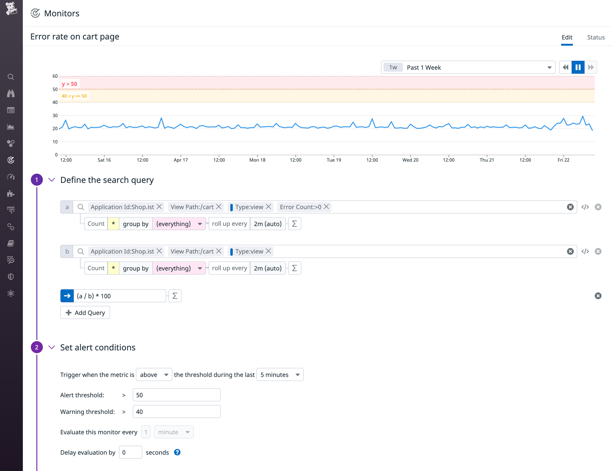 A screenshot shows a RUM monitor based on data from the Shop.ist application. One query counts the number of times an error occurs on the cart view, and the second counts the total number of times that view was loaded. A formula divides the result of the first query by the result of the second and multiplies the result by 100.