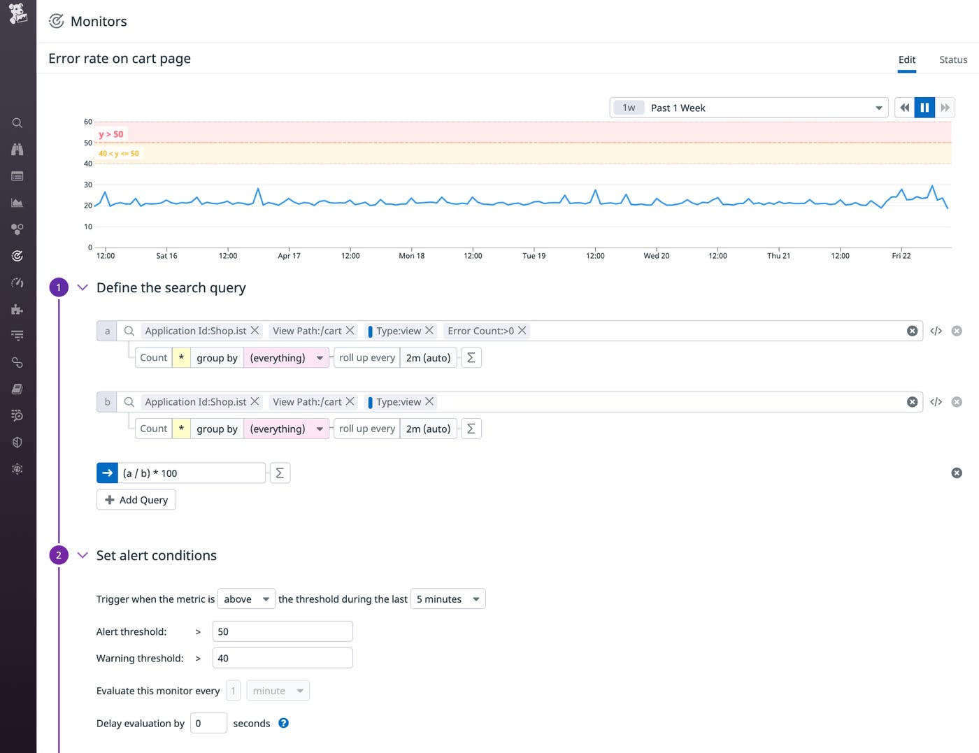 A screenshot shows a RUM monitor based on data from the Shop.ist application. One query counts the number of times an error occurs on the cart view, and the second counts the total number of times that view was loaded. A formula divides the result of the first query by the result of the second and multiplies the result by 100. A screenshot shows a RUM monitor based on data from the Shop.ist application. One query counts the number of times an error occurs on the cart view, and the second counts the total number of times that view was loaded. A formula divides the result of the first query by the result of the second and multiplies the result by 100.