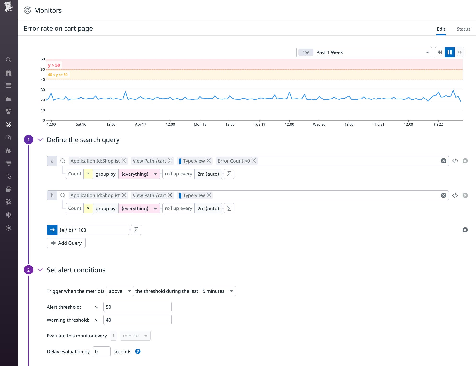 A screenshot shows a RUM monitor based on data from the Shop.ist application. One query counts the number of times an error occurs on the cart view, and the second counts the total number of times that view was loaded. A formula divides the result of the first query by the result of the second and multiplies the result by 100. A screenshot shows a RUM monitor based on data from the Shop.ist application. One query counts the number of times an error occurs on the cart view, and the second counts the total number of times that view was loaded. A formula divides the result of the first query by the result of the second and multiplies the result by 100.
