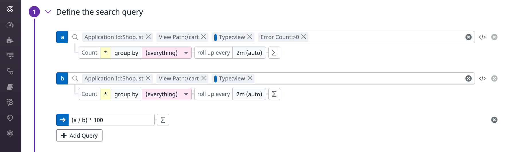 A screenshot shows the controls for defining a RUM monitor query using a formula.