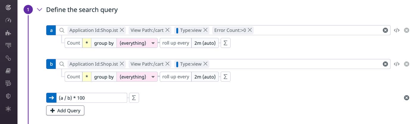 A screenshot shows the controls for defining a RUM monitor query using a formula. A screenshot shows the controls for defining a RUM monitor query using a formula.