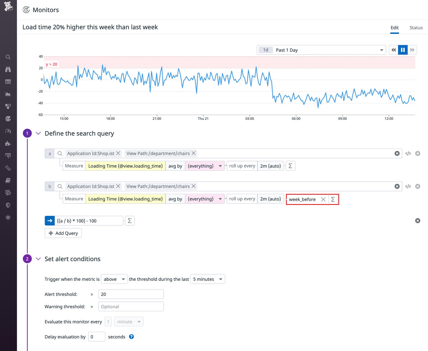 A screenshot shows a RUM monitor based on data from the Shop.ist application. One query gets the average load time of a single path, and the second query gets the same value from one week earlier. A formula calculates the difference and expresses it as a percentage. A screenshot shows a RUM monitor based on data from the Shop.ist application. One query gets the average load time of a single path, and the second query gets the same value from one week earlier. A formula calculates the difference and expresses it as a percentage.