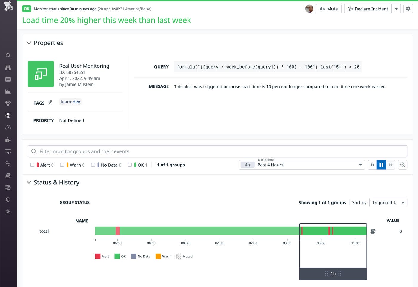 A screenshot shows a RUM monitor that tracks page load time. A screenshot shows a RUM monitor that tracks page load time.