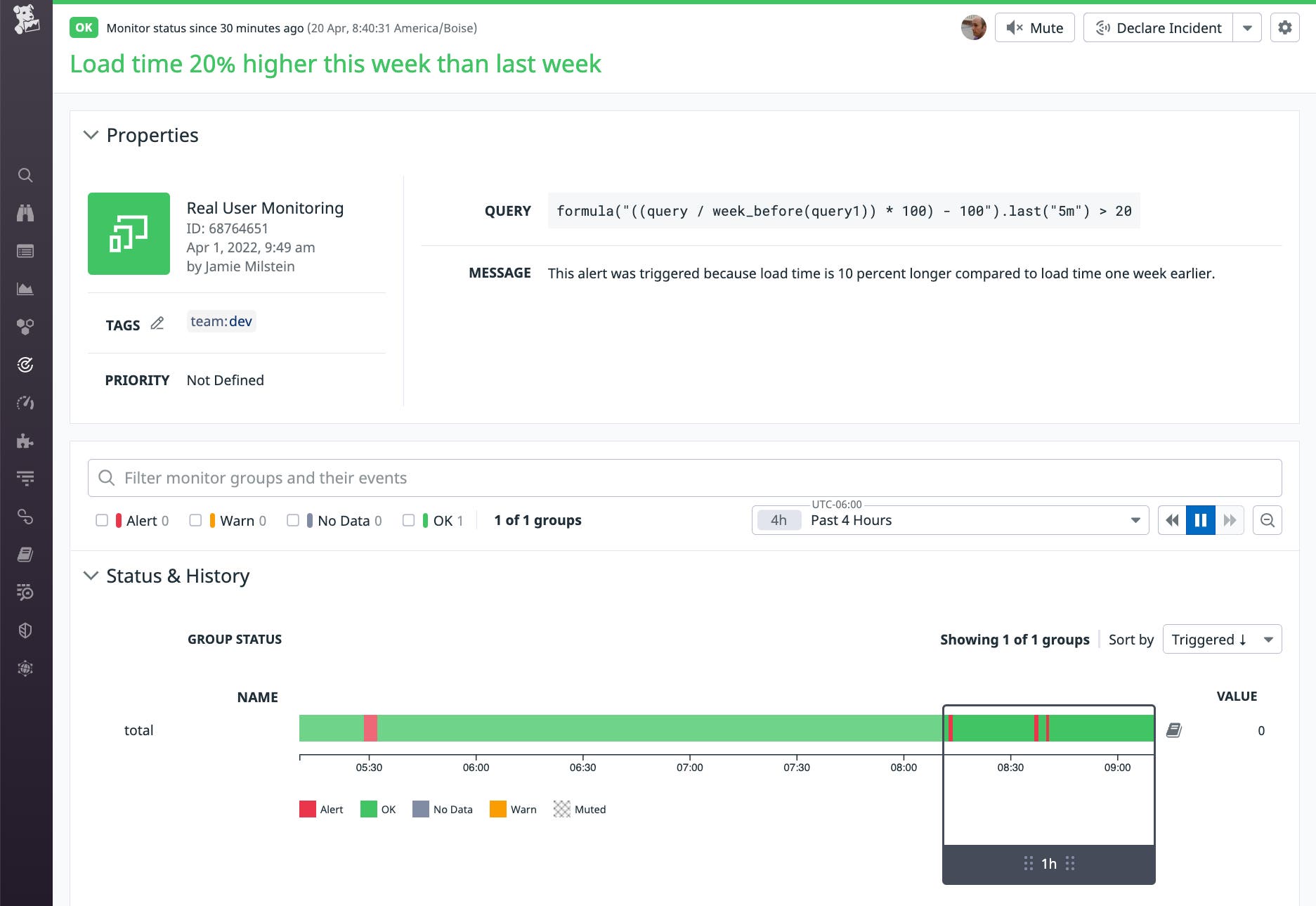 A screenshot shows a RUM monitor that tracks page load time. A screenshot shows a RUM monitor that tracks page load time.