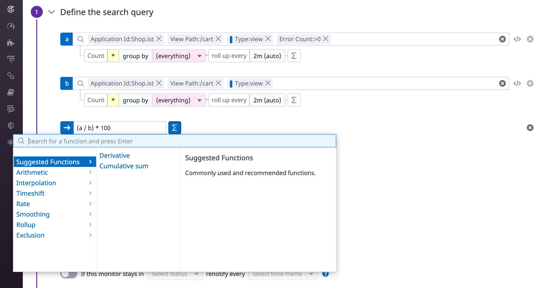 A screenshot shows the controls for defining a RUM monitor query using a function.