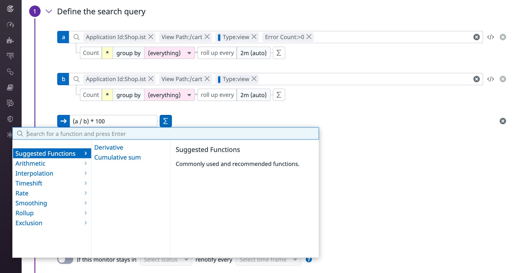 A screenshot shows the controls for defining a RUM monitor query using a function. A screenshot shows the controls for defining a RUM monitor query using a function.