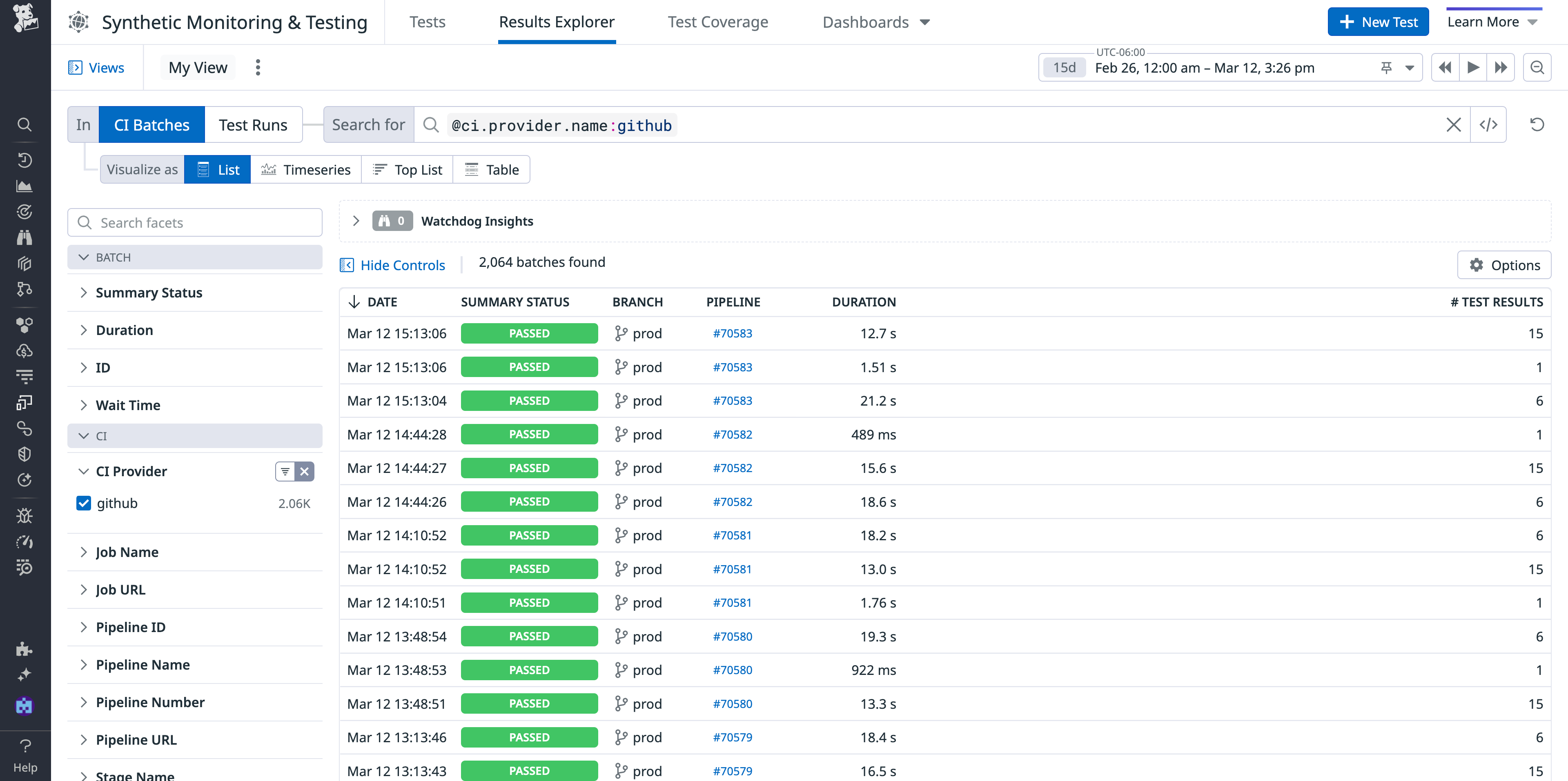 View of the Results Explorer in Synthetic Monitoring and Testing that shows batch testing results