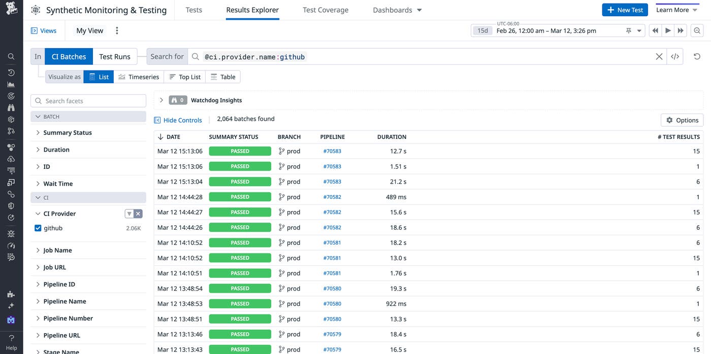 View of the Results Explorer in Synthetic Monitoring and Testing that shows batch testing results View of the Results Explorer in Synthetic Monitoring and Testing that shows batch testing results