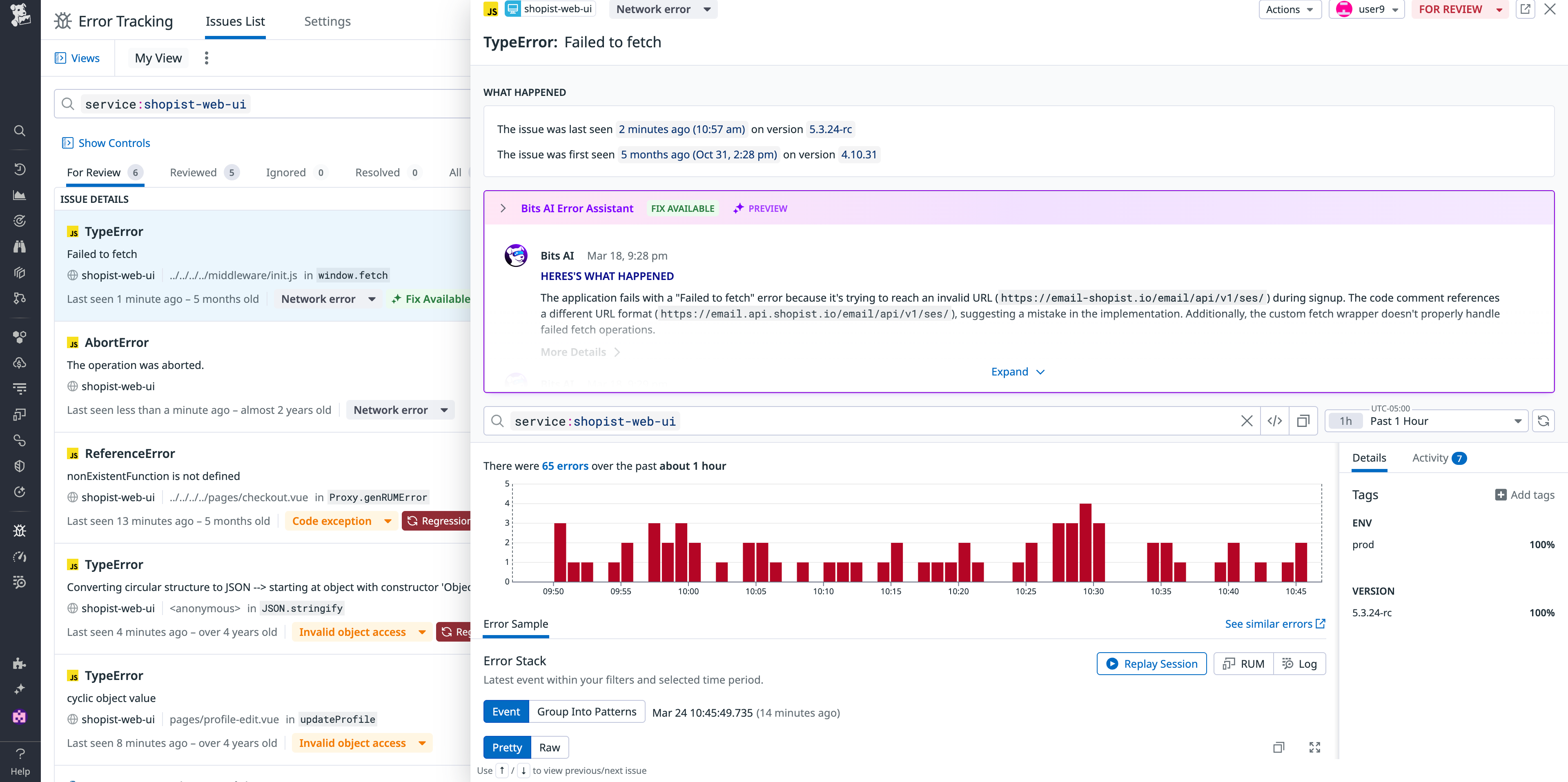 View of an Error Tracking issue that grouped 65 similar errors together
