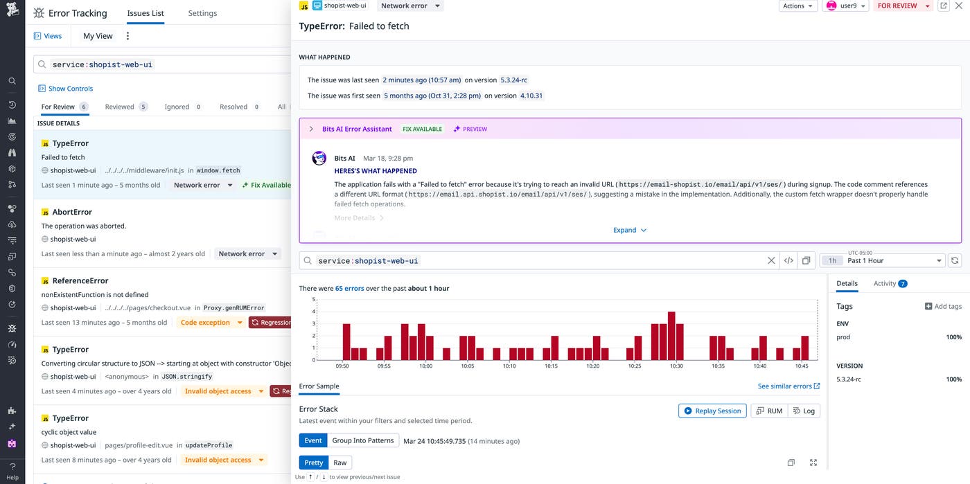 View of an Error Tracking issue that grouped 65 similar errors together View of an Error Tracking issue that grouped 65 similar errors together