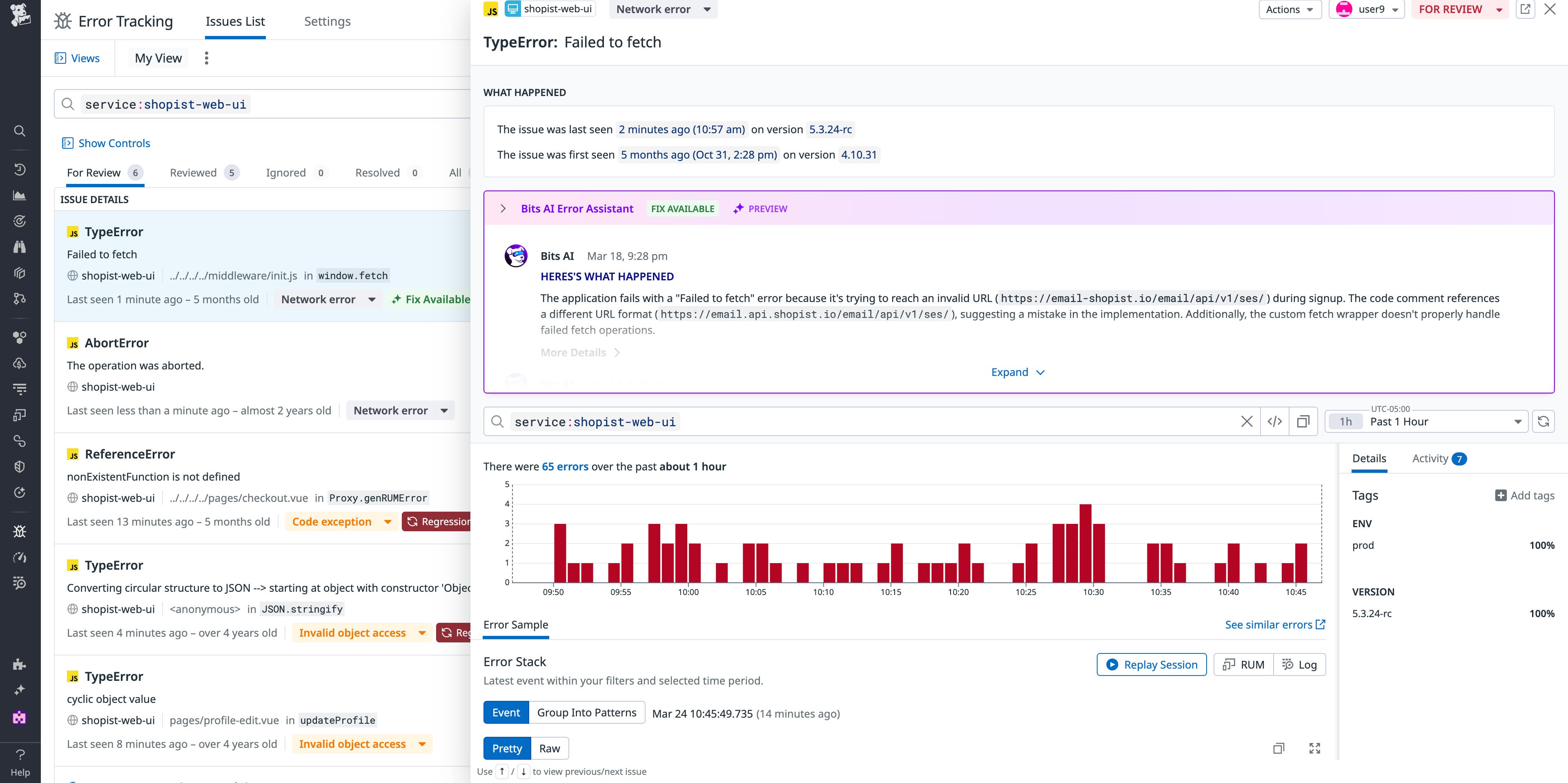 View of an Error Tracking issue that grouped 65 similar errors together View of an Error Tracking issue that grouped 65 similar errors together
