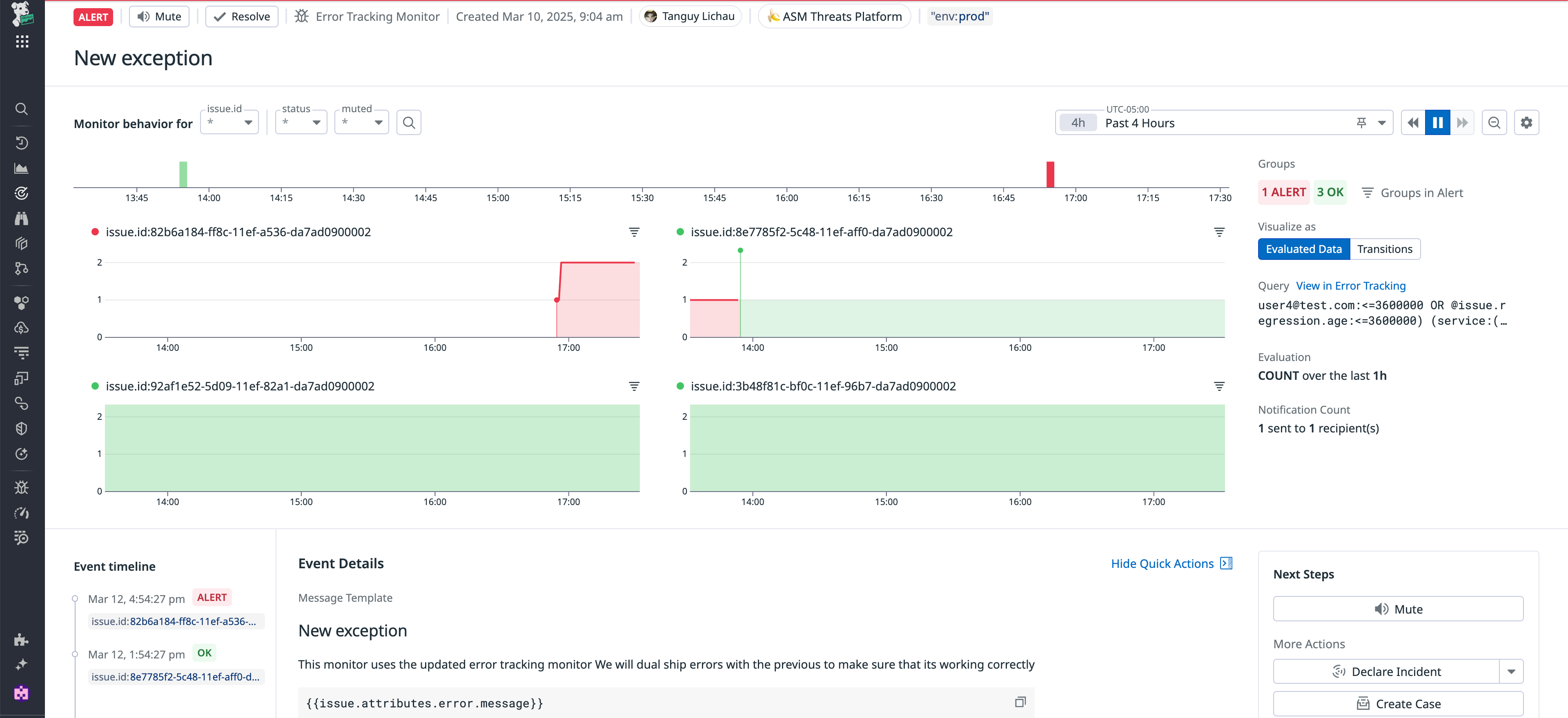 View of a custom Error Tracking monitor in alert status notifying the user of that a new Error Tracking issue has been generated