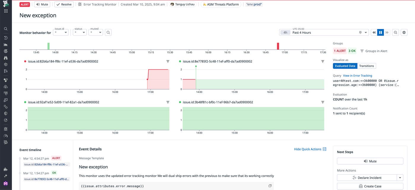 View of a custom Error Tracking monitor in alert status notifying the user of that a new Error Tracking issue has been generated View of a custom Error Tracking monitor in alert status notifying the user of that a new Error Tracking issue has been generated