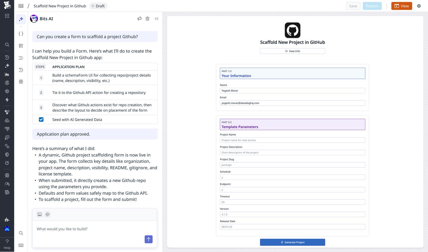A screenshot of an example conversational AI prompt that creates a form to scaffold a new project in GitHub. A screenshot of an example conversational AI prompt that creates a form to scaffold a new project in GitHub.