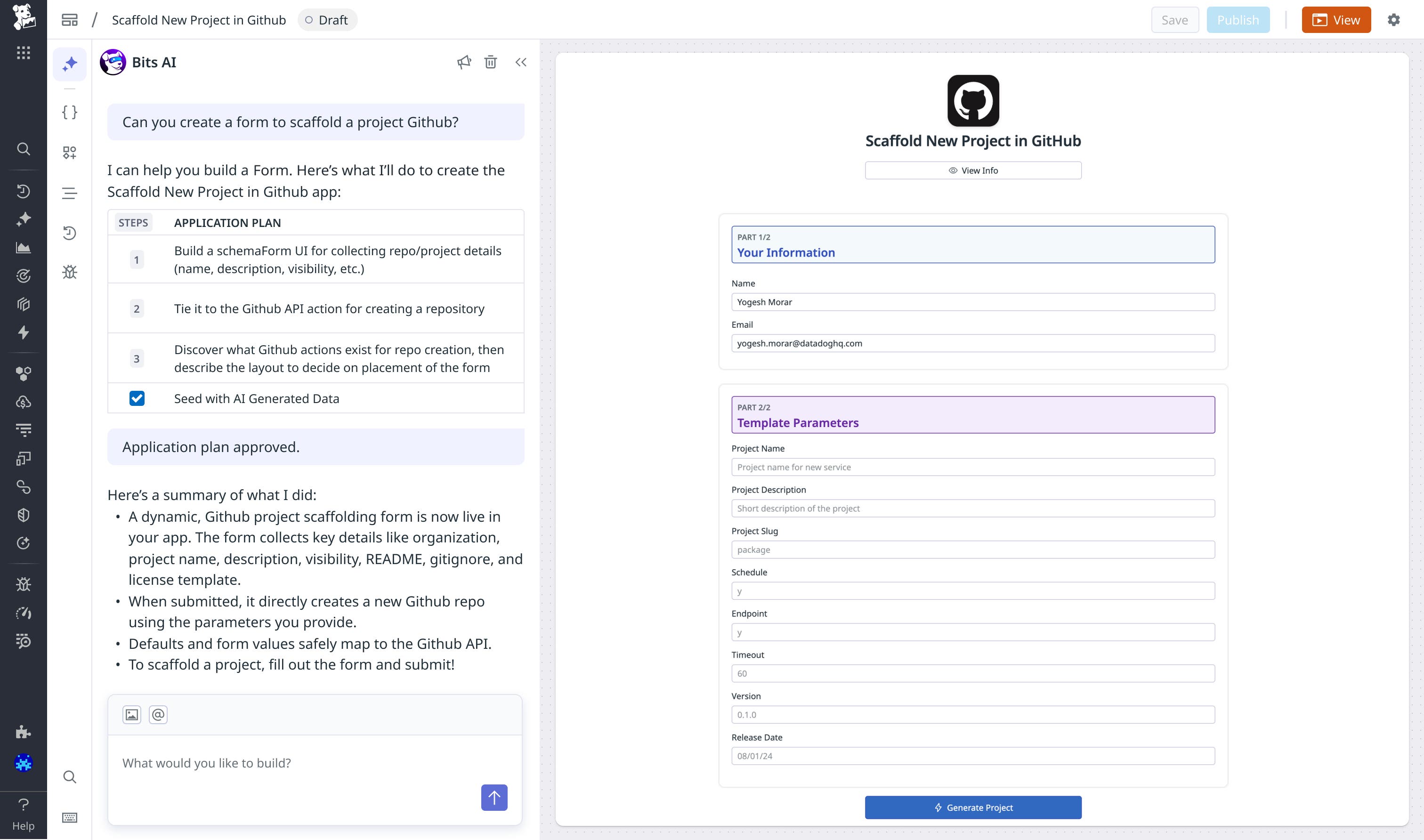 A screenshot of an example conversational AI prompt that creates a form to scaffold a new project in GitHub. A screenshot of an example conversational AI prompt that creates a form to scaffold a new project in GitHub.