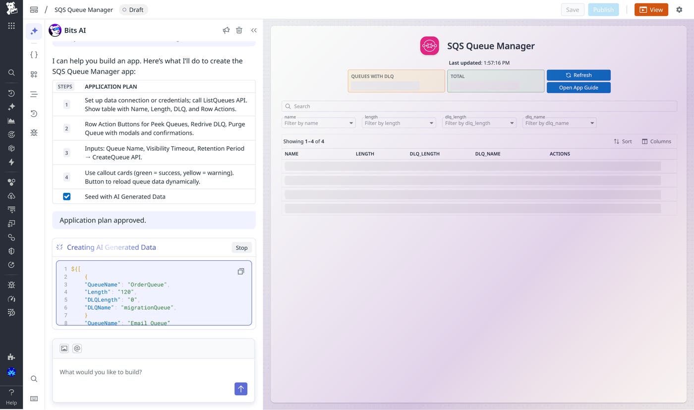 A screenshot of an example conversational prompt that creates an SQS Manager with tables. A screenshot of an example conversational prompt that creates an SQS Manager with tables.