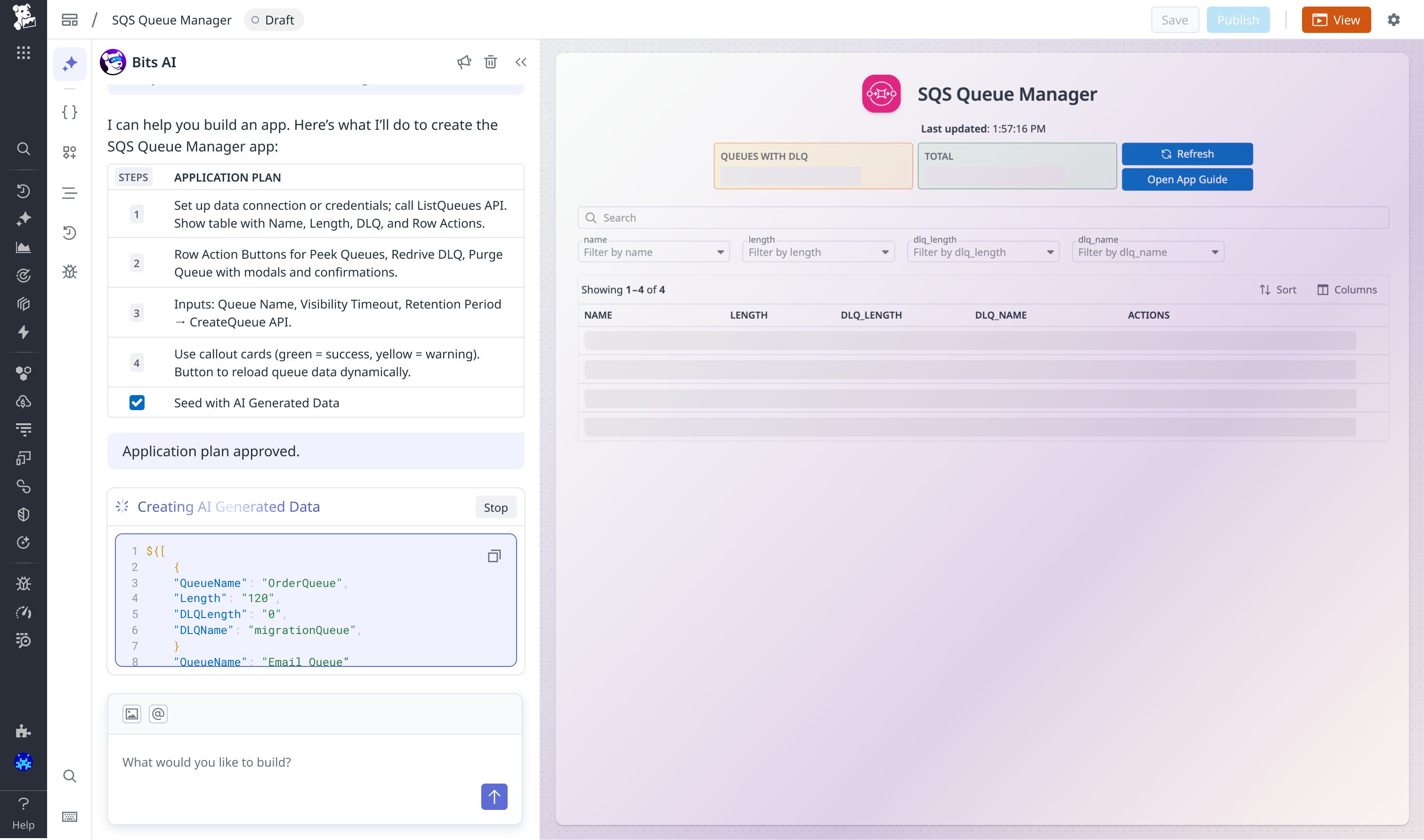 A screenshot of an example conversational prompt that creates an SQS Manager with tables. A screenshot of an example conversational prompt that creates an SQS Manager with tables.
