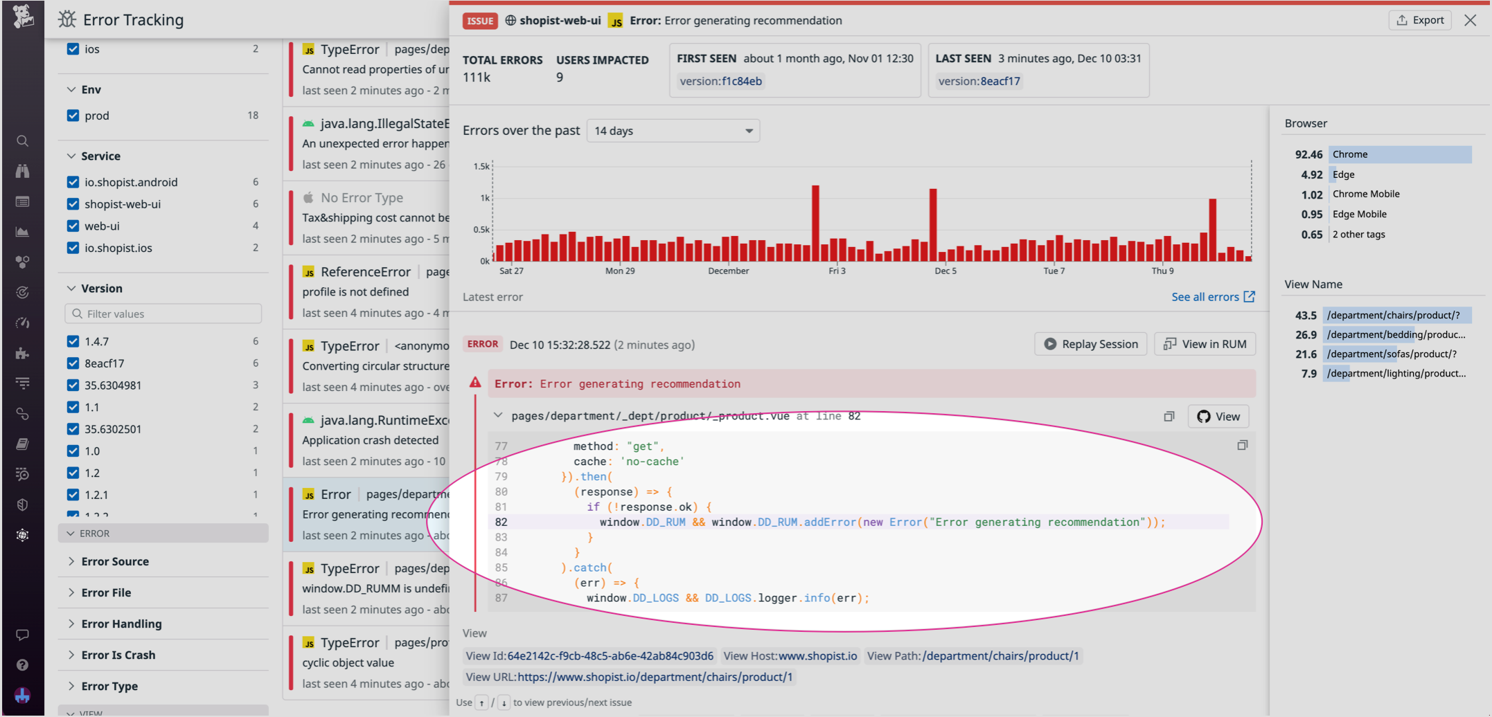 Inline source code on the Error Tracking window.
