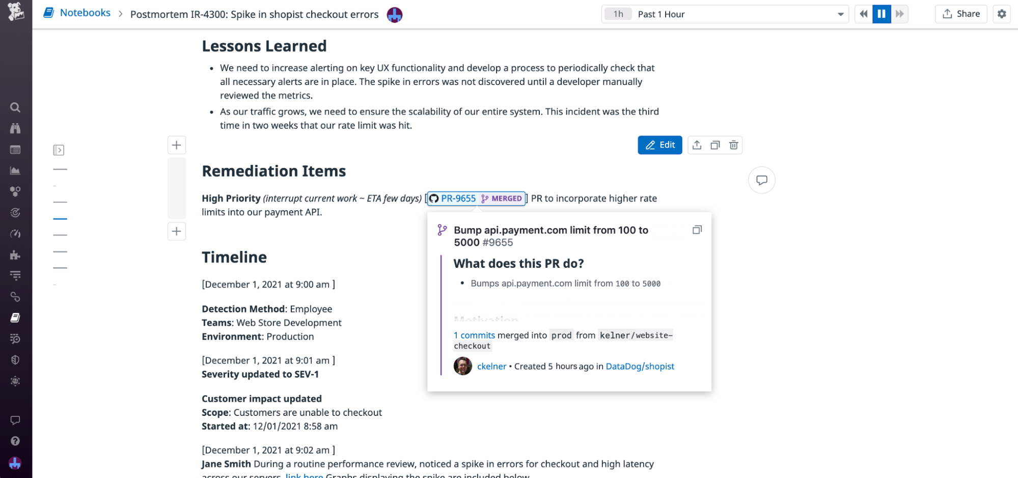 On a postmortem notebook, a hyperlink to a pull request and a corresponding hoverbox displaying request information.