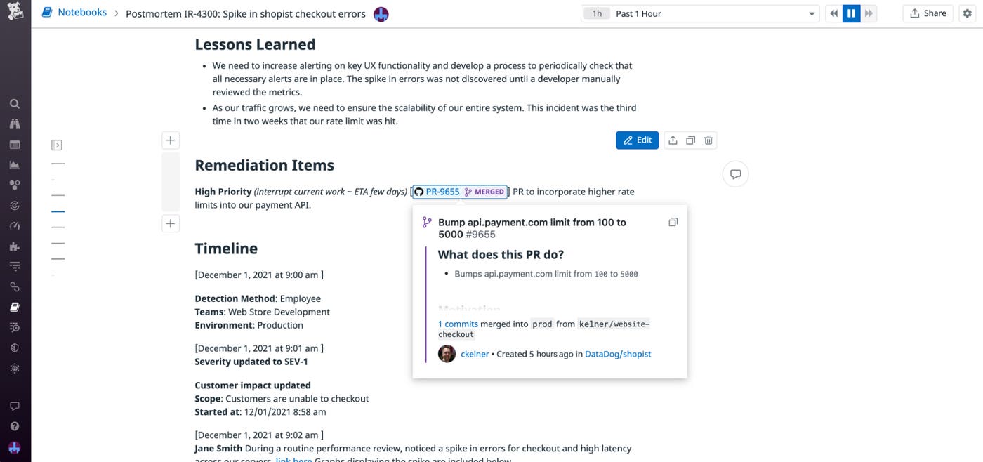 On a postmortem notebook, a hyperlink to a pull request and a corresponding hoverbox displaying request information. On a postmortem notebook, a hyperlink to a pull request and a corresponding hoverbox displaying request information.