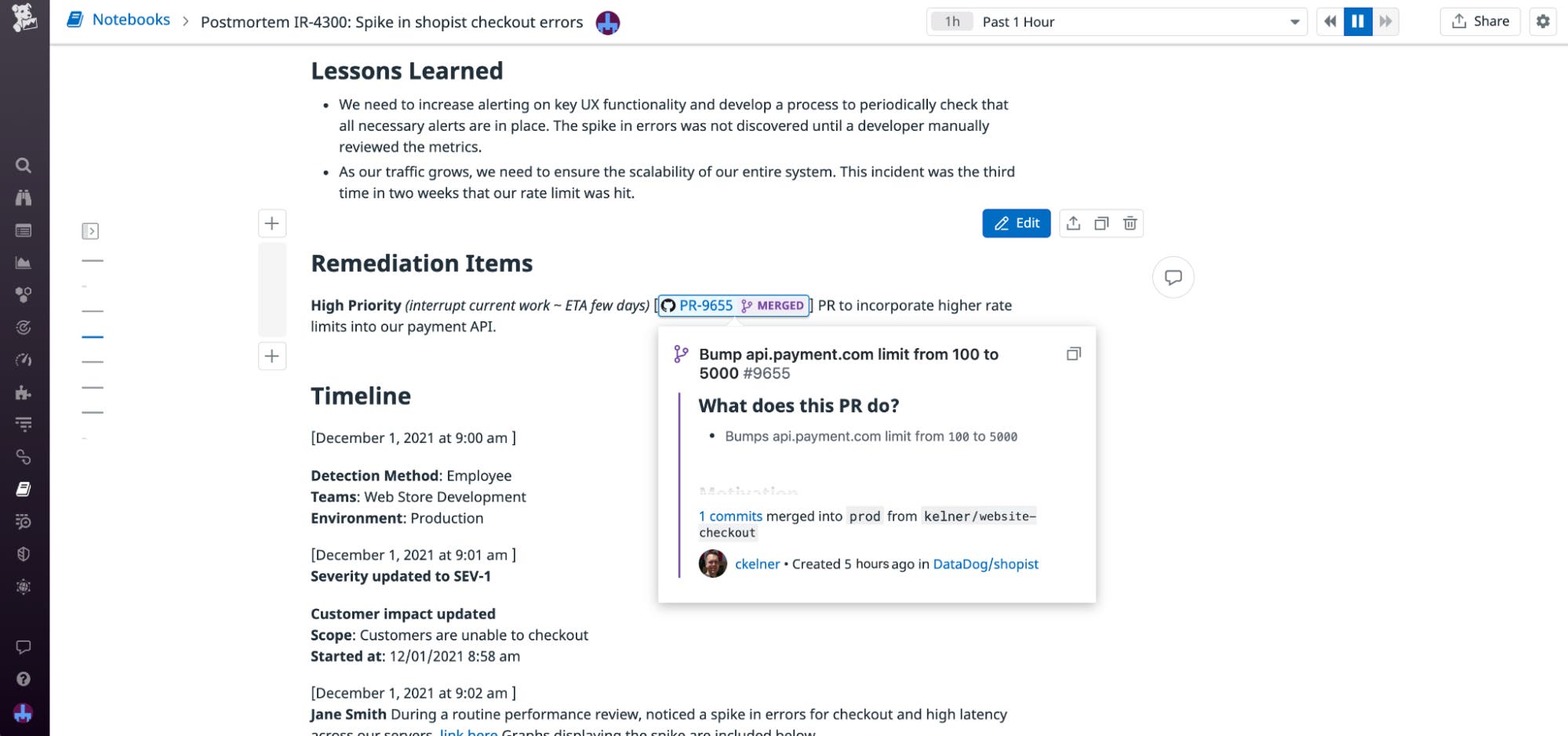 On a postmortem notebook, a hyperlink to a pull request and a corresponding hoverbox displaying request information. On a postmortem notebook, a hyperlink to a pull request and a corresponding hoverbox displaying request information.