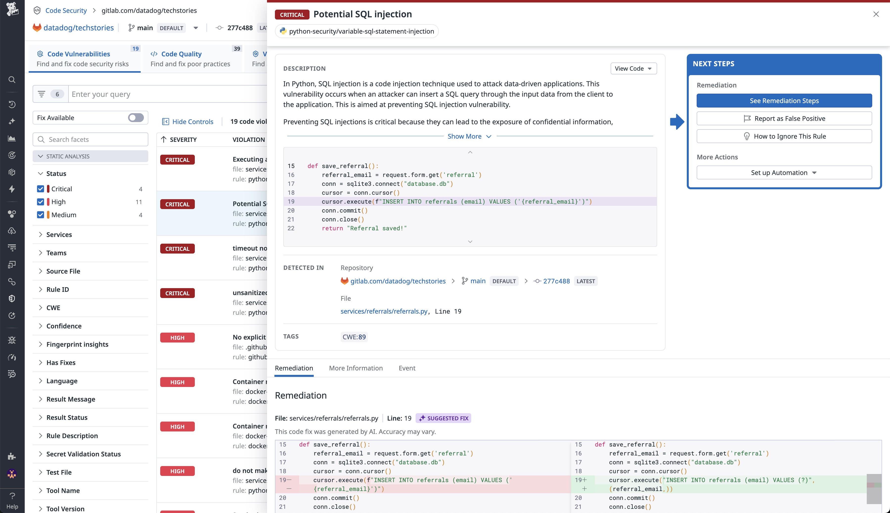 A side panel in Datadog Code Security providing information about a potential SQL injection detected in a GitLab respository, with next steps recommended for response and remediation.