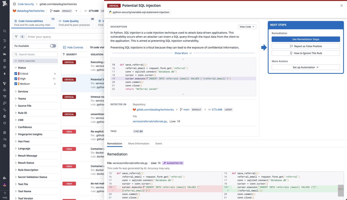 A side panel in Datadog Code Security providing information about a potential SQL injection detected in a GitLab respository, with next steps recommended for response and remediation. A side panel in Datadog Code Security providing information about a potential SQL injection detected in a GitLab respository, with next steps recommended for response and remediation.