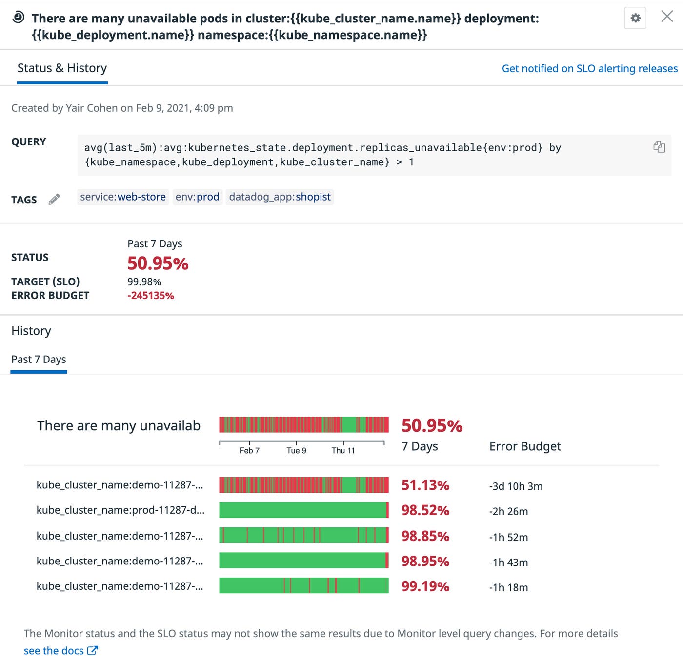 You can create an SLO to track the number of unavailable replicas in your deployment. You can create an SLO to track the number of unavailable replicas in your deployment.