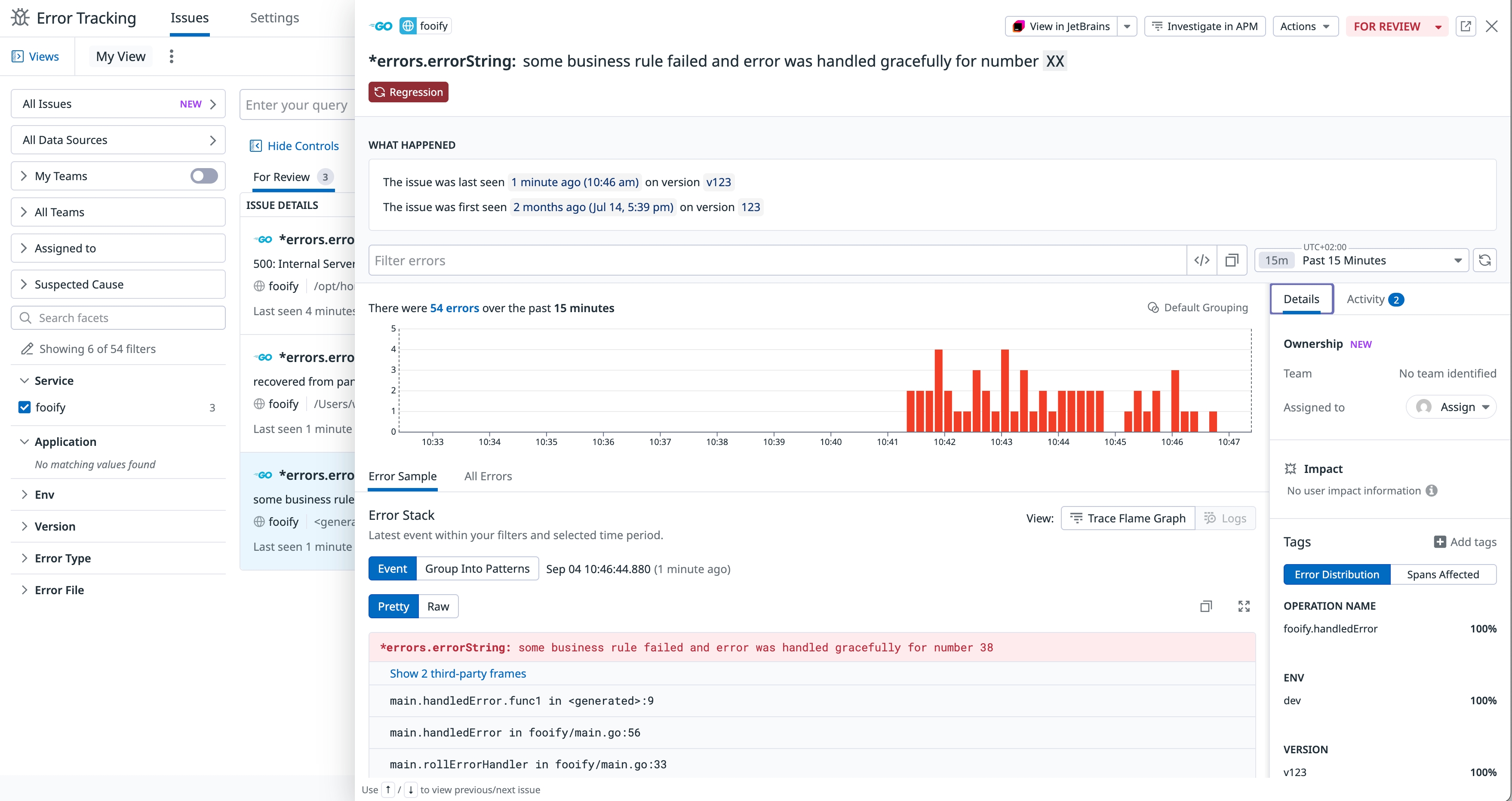 Datadog Error Tracking showing a grouped handled error.