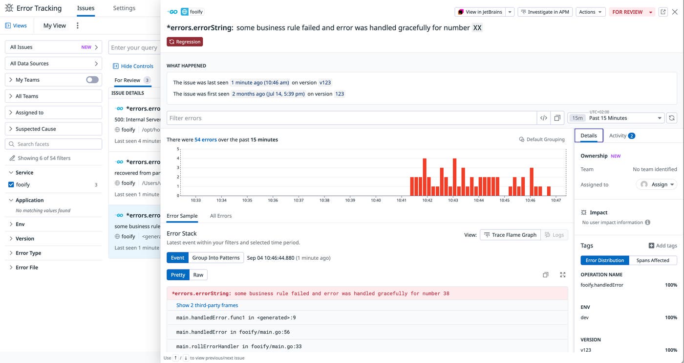 Datadog Error Tracking showing a grouped handled error. Datadog Error Tracking showing a grouped handled error.