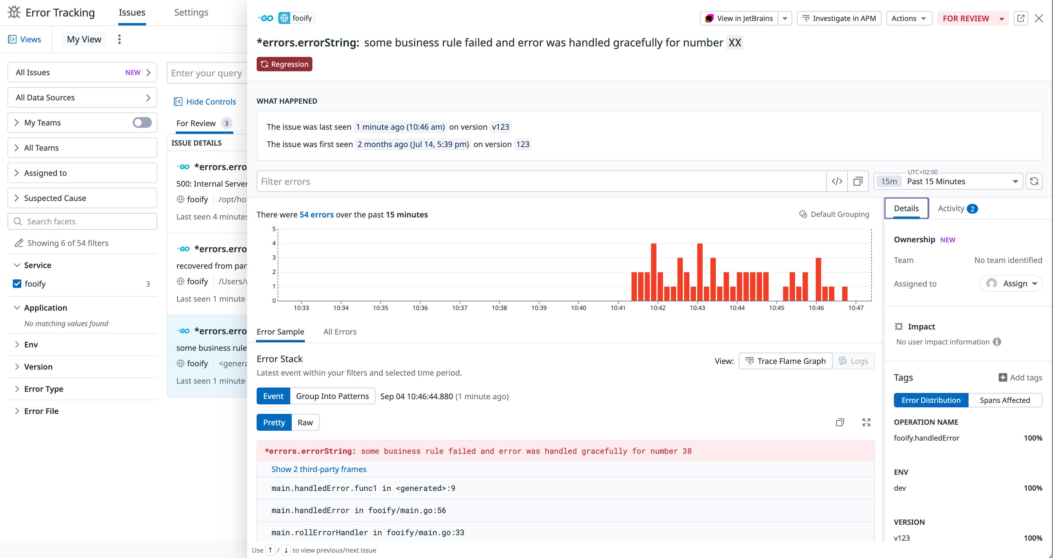 Datadog Error Tracking showing a grouped handled error. Datadog Error Tracking showing a grouped handled error.