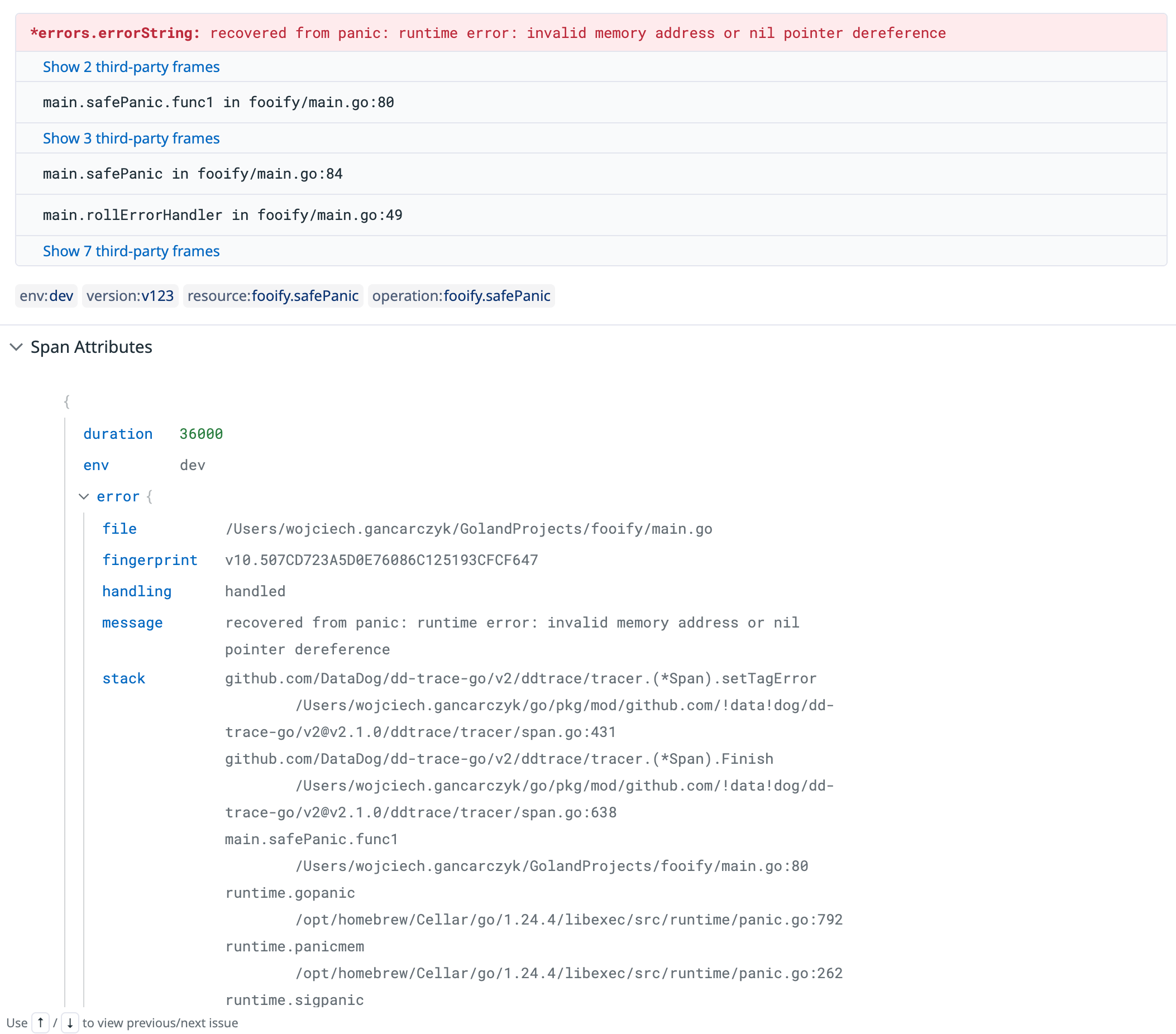 Datadog Error Tracking showing a recovered panic with stack trace, highlighting a nil pointer dereference in application code.