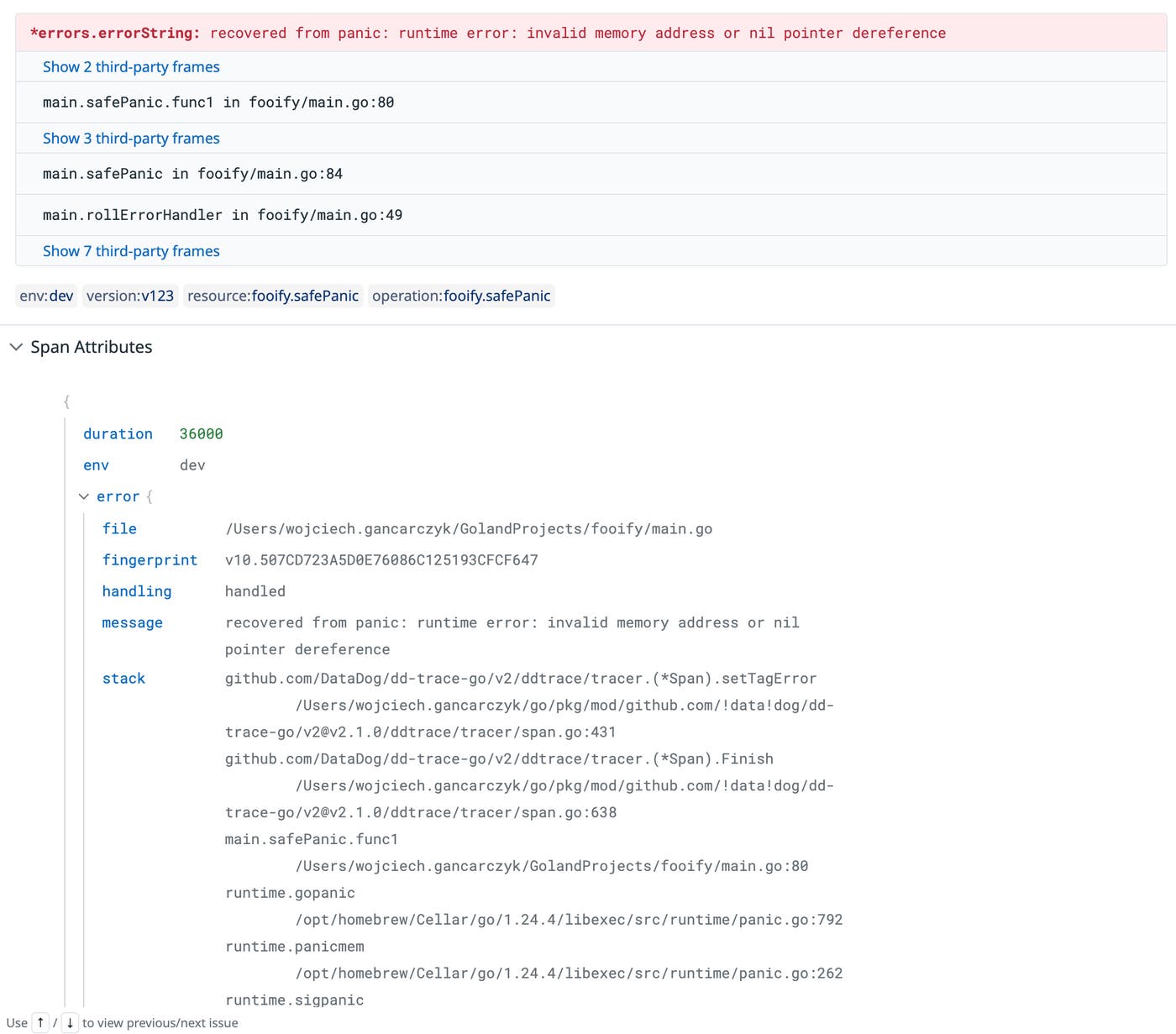Datadog Error Tracking showing a recovered panic with stack trace, highlighting a nil pointer dereference in application code. Datadog Error Tracking showing a recovered panic with stack trace, highlighting a nil pointer dereference in application code.