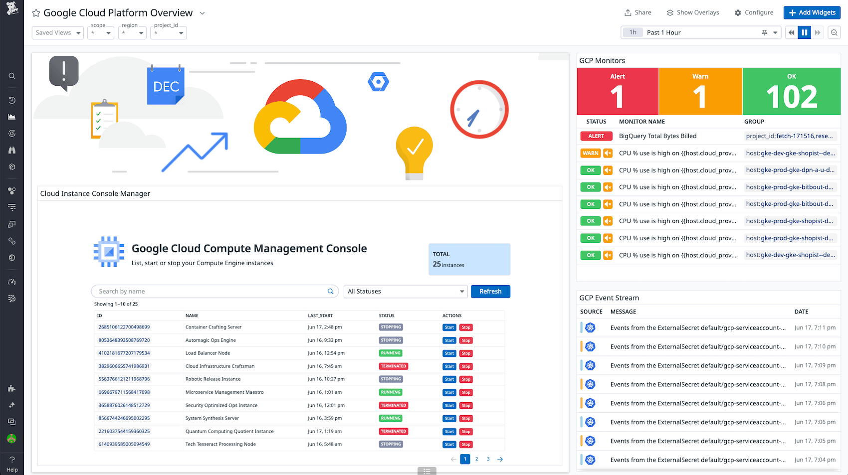 Google Cloud Compute Management Console app in a Datadog dashboard.