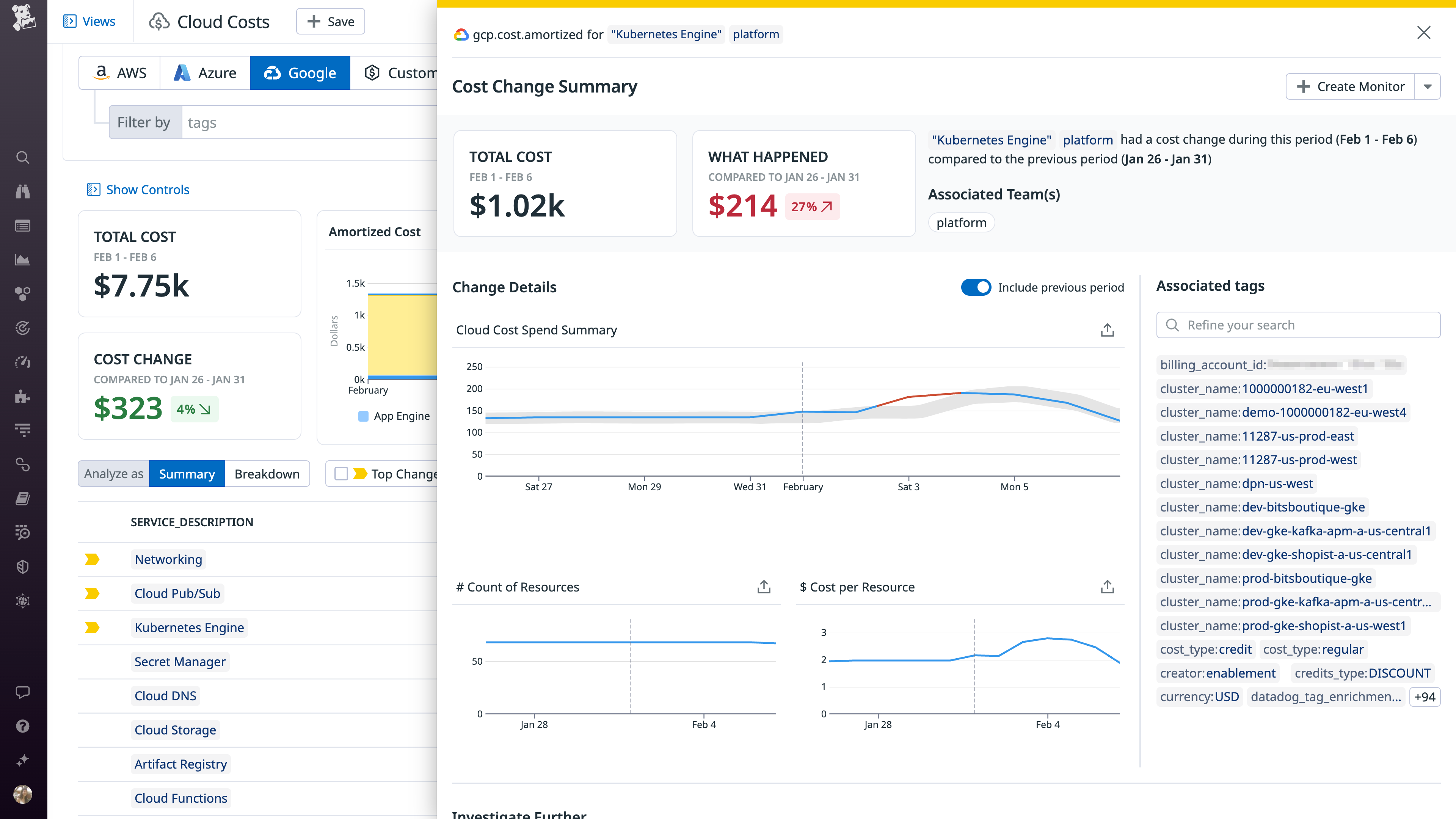 Datadog Cloud Cost Management shows that the platform team's GKE costs have increased 27 percent over the past few days, compared to the previous period.