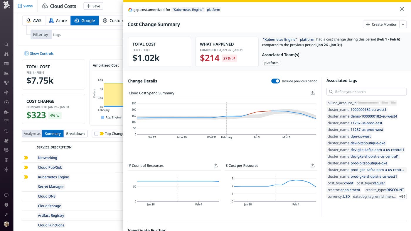 Datadog Cloud Cost Management shows that the platform team's GKE costs have increased 27 percent over the past few days, compared to the previous period. Datadog Cloud Cost Management shows that the platform team's GKE costs have increased 27 percent over the past few days, compared to the previous period.