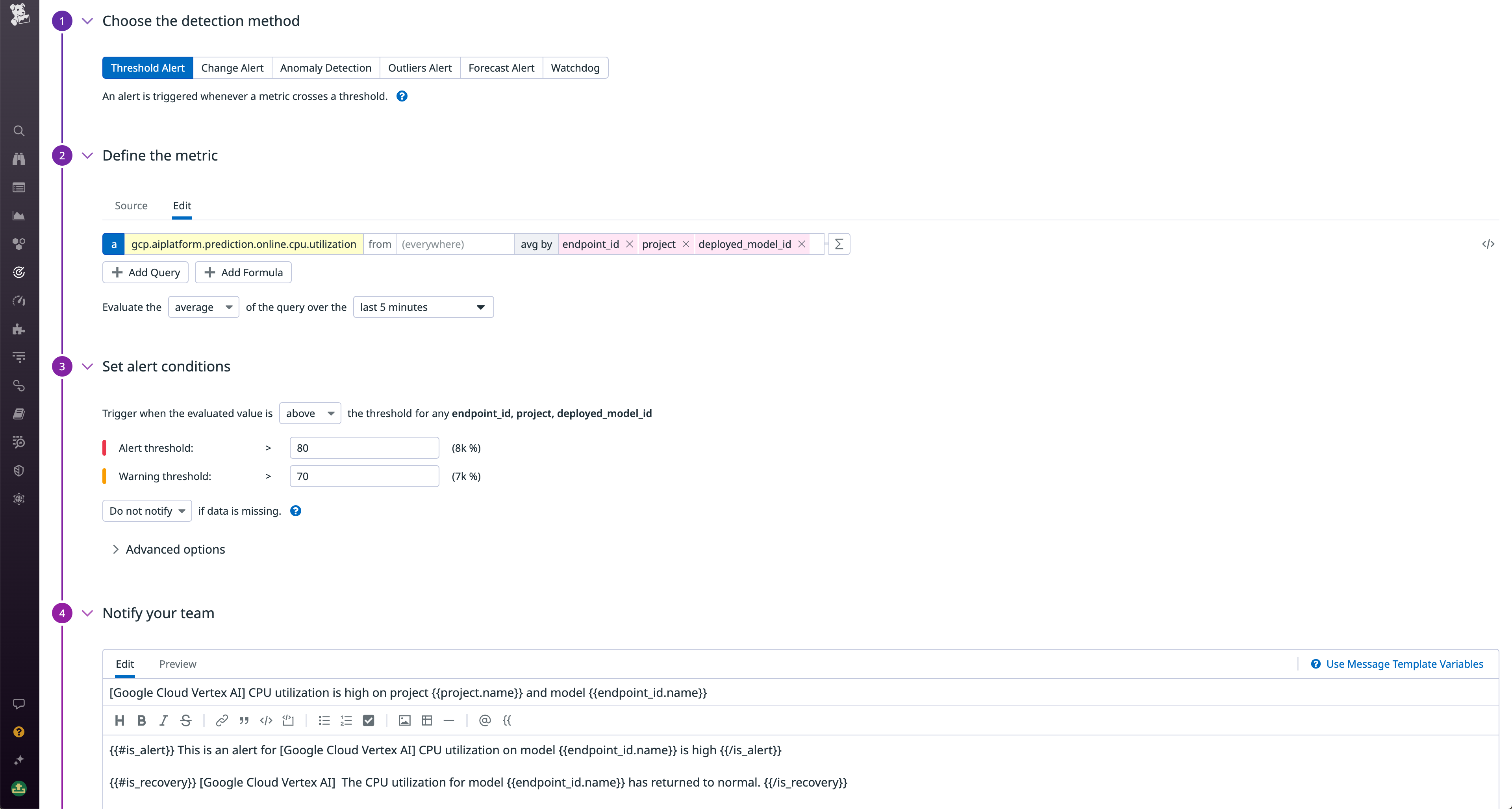 Get alerted when your Vertex AI CPU usage is too high.