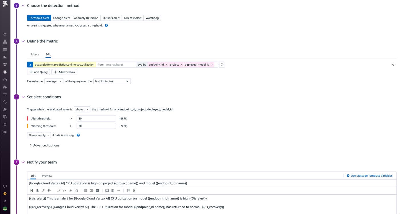 Get alerted when your Vertex AI CPU usage is too high. Get alerted when your Vertex AI CPU usage is too high.