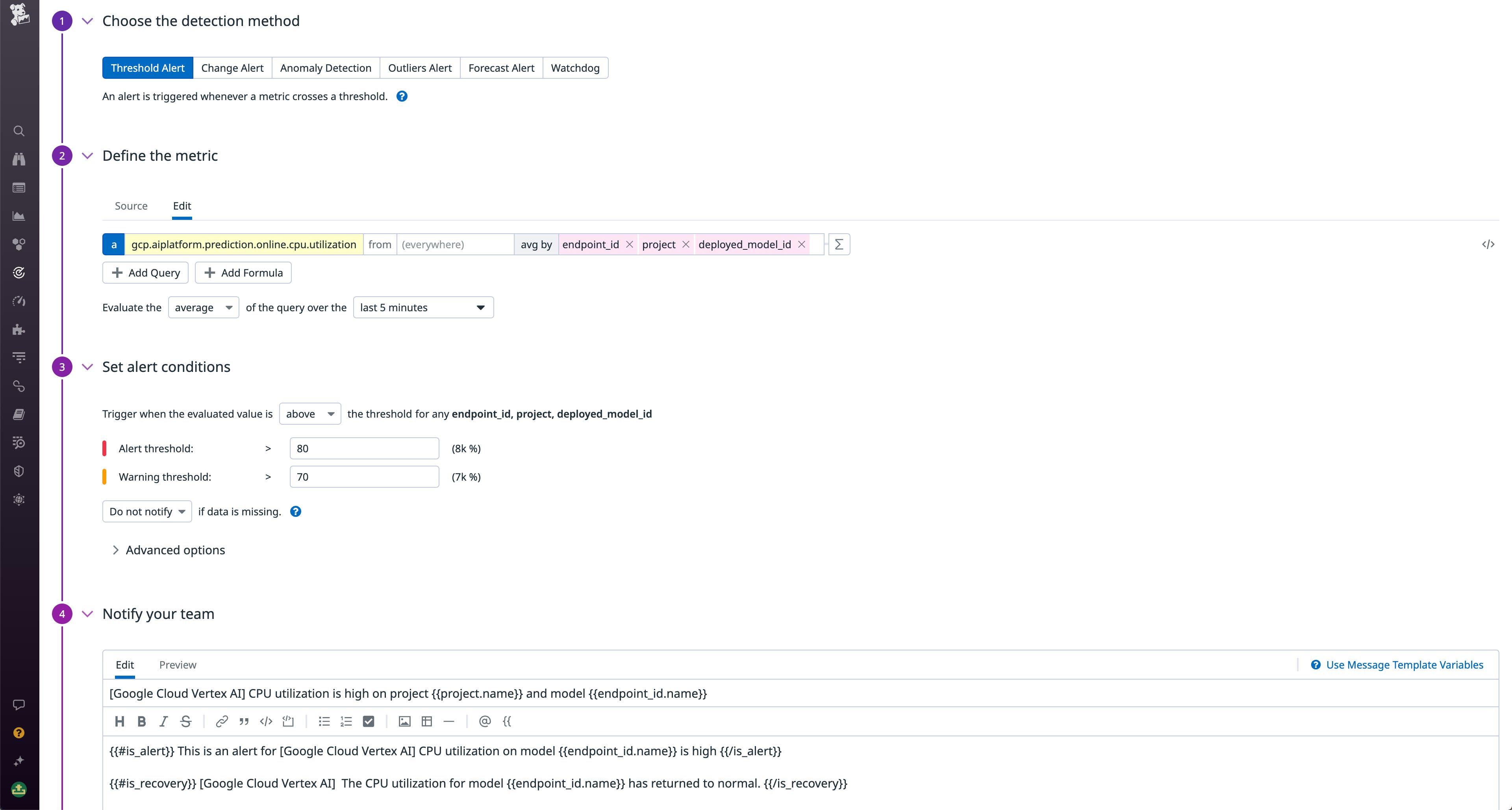 Get alerted when your Vertex AI CPU usage is too high. Get alerted when your Vertex AI CPU usage is too high.