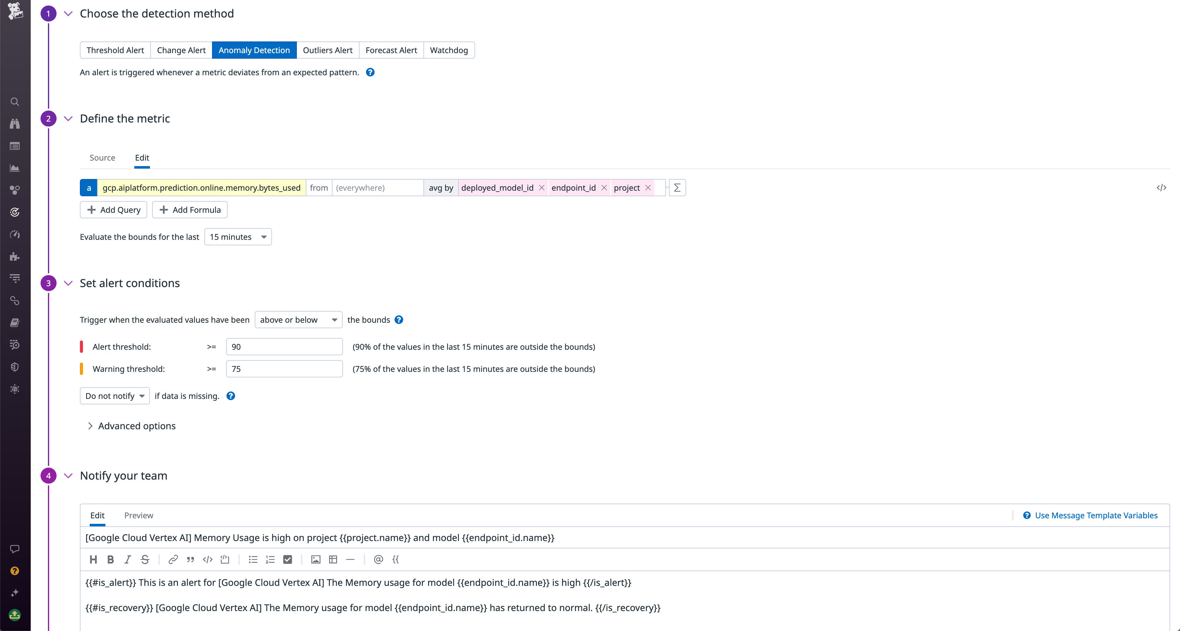 Get alerted when your Vertex AI memory usage is too high. Get alerted when your Vertex AI memory usage is too high.