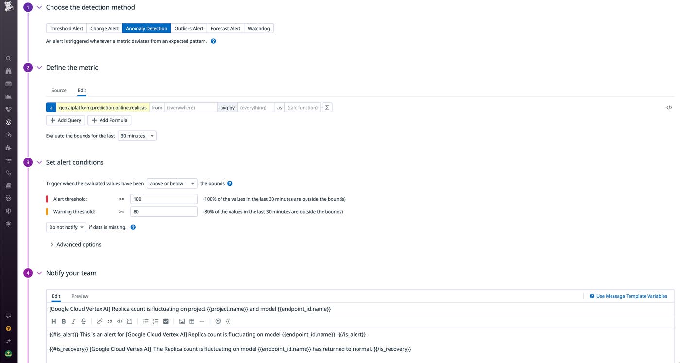 Get alerted when your Vertex AI replica count is fluctuating. Get alerted when your Vertex AI replica count is fluctuating.