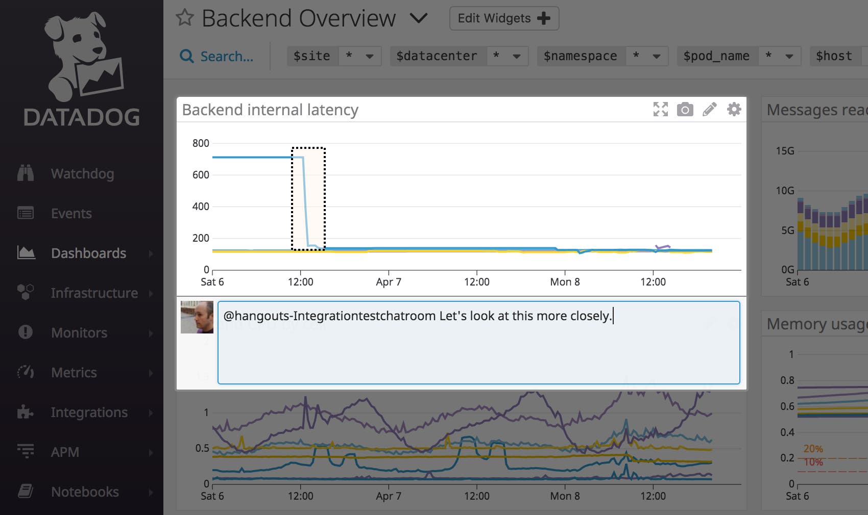 Highlight a section of a graph in a Datadog dashboard and adding a note that will appear with the graph in the Hangouts Chat room. Highlight a section of a graph in a Datadog dashboard and adding a note that will appear with the graph in the Hangouts Chat room.