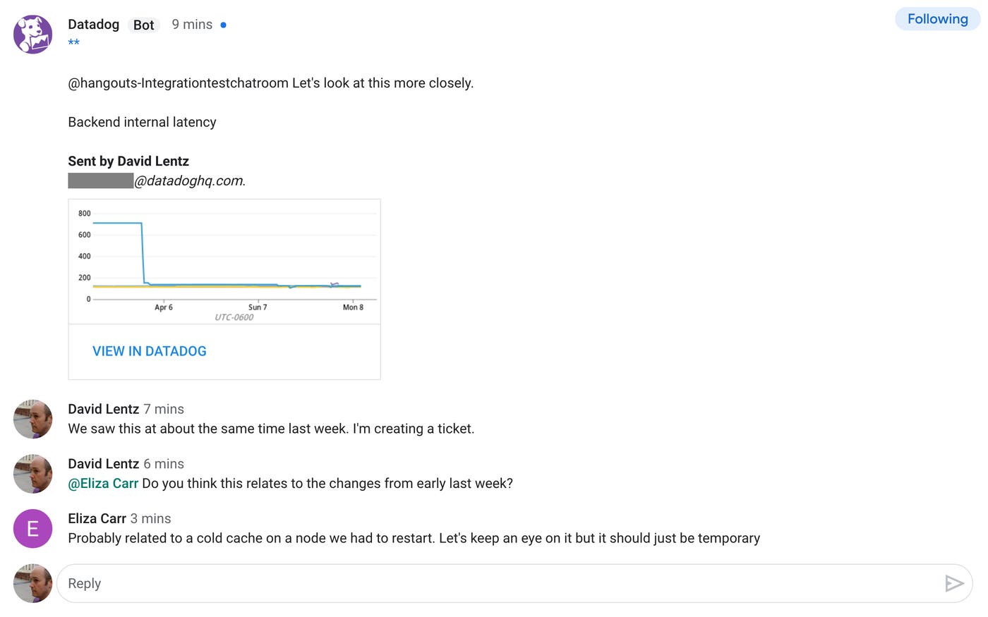 A message inside the chat room shows the annotated graph, sent from a Datadog user via the Datadog bot. A message inside the chat room shows the annotated graph, sent from a Datadog user via the Datadog bot.