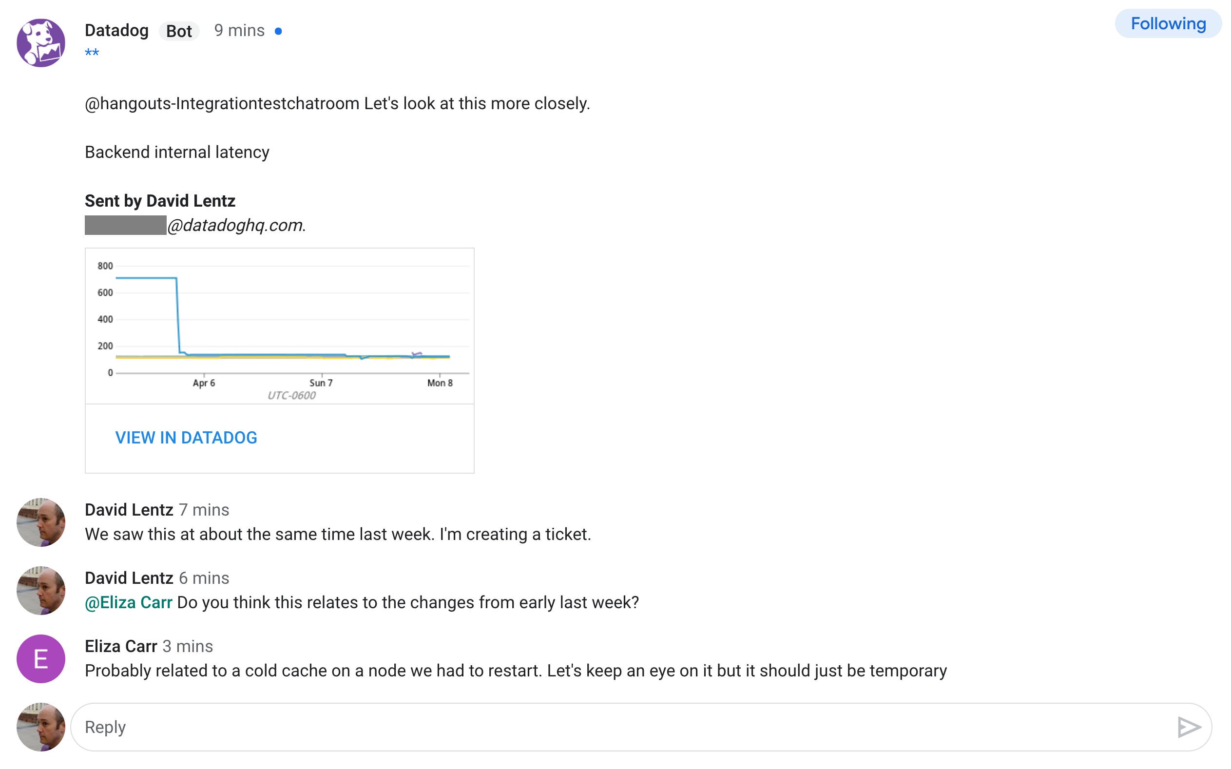 A message inside the chat room shows the annotated graph, sent from a Datadog user via the Datadog bot. A message inside the chat room shows the annotated graph, sent from a Datadog user via the Datadog bot.