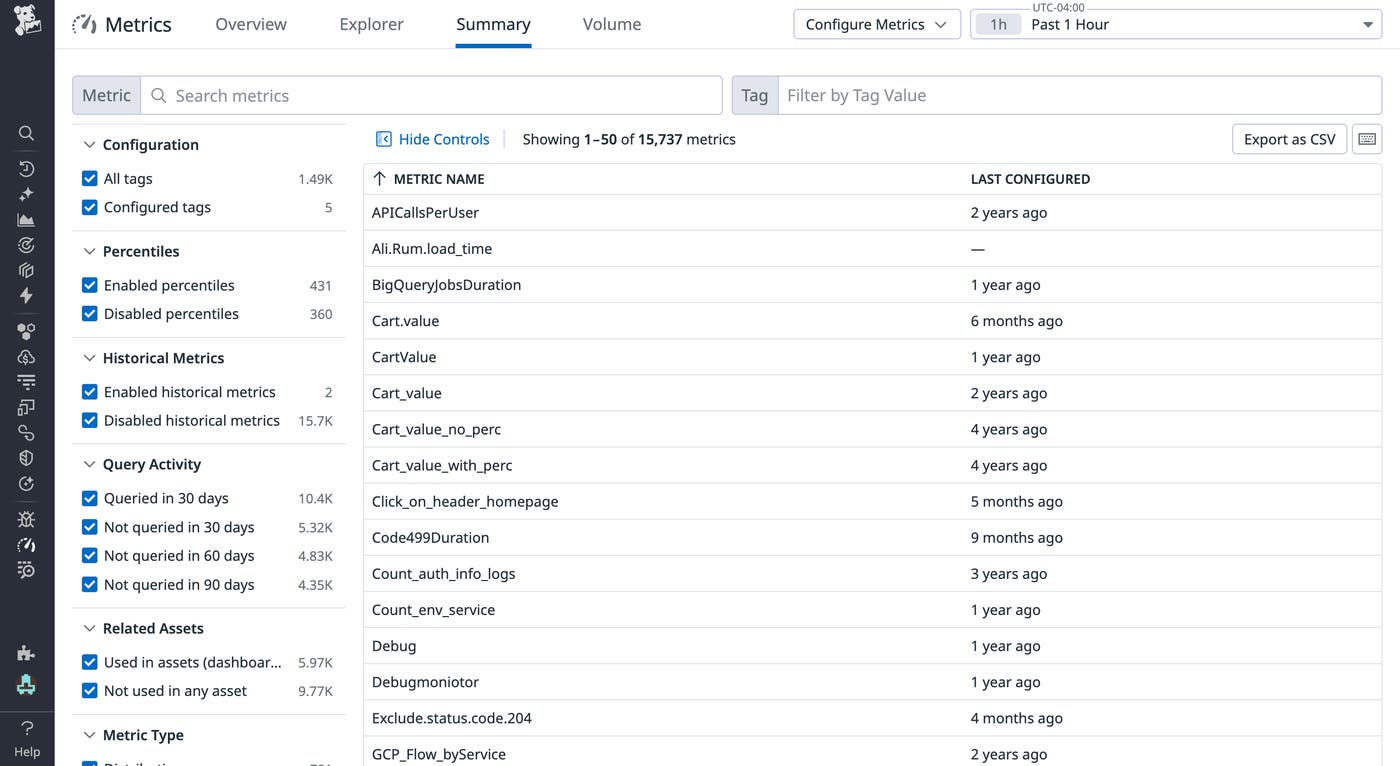 Metrics summary table listing metric names, tag status, query activity, and last configured dates Metrics summary table listing metric names, tag status, query activity, and last configured dates