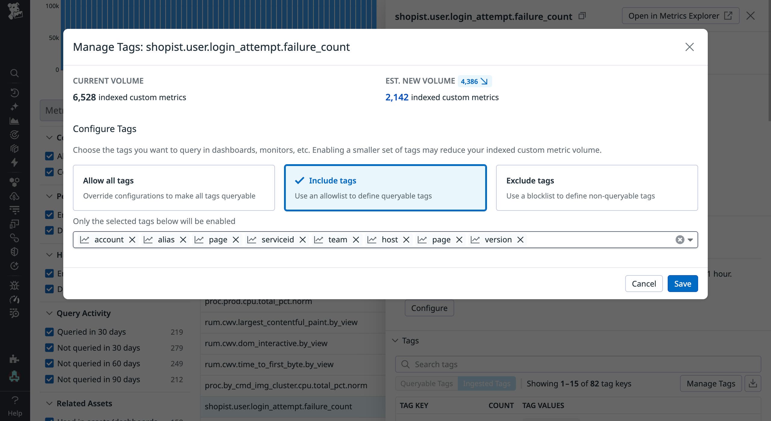 Manage tags dialog showing tag allowlist and estimated reduction in indexed custom metrics Manage tags dialog showing tag allowlist and estimated reduction in indexed custom metrics